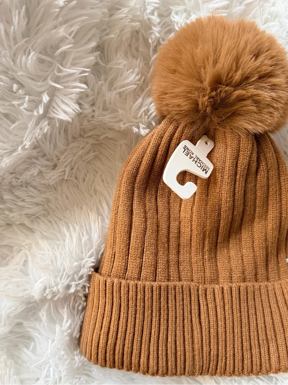 MICHAEL Michael Kors Women Camel Ribbed Pom-Pom Beanie